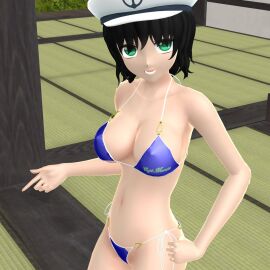 1girls 2024 3d bikini black-haired_female blue_bikini female ghost_girl green_eyes hati_yukkuri_mmd indoors inside light-skinned_female light_skin looking_at_viewer minamitsu_murasa mmd sailor_hat short-haired_female solo_female solo_focus spirit swimsuit touhou undefined_fantastic_object white_string_bikini