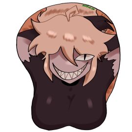 1girls arms_behind_head big_breasts blonde_hair breasts female fen_(kaaatie) fundamental_paper_education m_meow machine_girl_(kaaatie) missing_eye mouse_pad mousepad mousepad_design one_eye_visible sharp_teeth