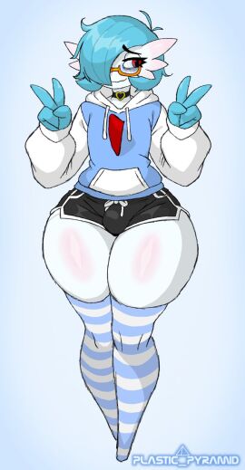 1boy alternate_version_at_source alternate_version_available blue_hair bottom_heavy bulge bulge_through_clothing choker clothing curvaceous curvy curvy_figure femboy game_freak gamervoir_(plastic_pyramid) gardevoir girly glasses gym_shorts hair_over_one_eye hoodie legwear male male_gardevoir male_only mostly_clothed neckwear neet nintendo peace_sign plastic_pyramid pokemon red_eyes shiny_gardevoir shiny_pokemon shorts solo solo_male stockings thick_thighs voluptuous voluptuous_male wide_hips