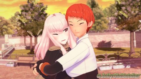 2girls 3d bangs breasts cuddling female female_only fingerless_gloves fire_emblem fire_emblem:_three_houses garreg_mach_monastery_uniform gloves grey_eyes hug jollyoldsoldier leonie_pinelli long_hair long_sleeves lysithea_von_ordelia medium_breasts multiple_females multiple_girls nintendo one_eye_closed open_mouth orange_hair outdoors pink_eyes pink_hair short_hair small_breasts smile sunset very_short_hair white_hair yuri