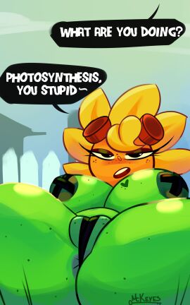 anus anus_peek big_areola big_breasts breasts breasts_out dark_eyes eyelashes female green_skin mckeyes outside pasties plant plant_girl plants_vs_zombies plants_vs_zombies:_heroes pussy solar_flare_(pvz) spread_legs sunflower_(pvz) text thick_thighs