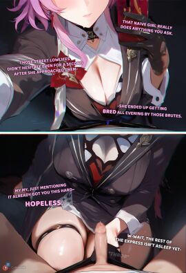 1boy 1boy1girl 1girl 1girls ai_generated bed big_breasts breasts caelus_(honkai:_star_rail) censored cottonmilk cropped_torso cuckold dialogue emotionless evernight_(honkai:_star_rail) eyes_out_of_frame femdom foreskin gloves holding_object holding_phone honkai:_star_rail leaking_cum leaking_precum lips march_7th_(honkai:_star_rail) neutral_expression ntr onomatopoeia pink_hair pov precum precum_drip pulling_down_pants small_penis sweat teasing thigh_strap thighs trailblazer_(honkai:_star_rail) uncircumcised uncut undressing_another