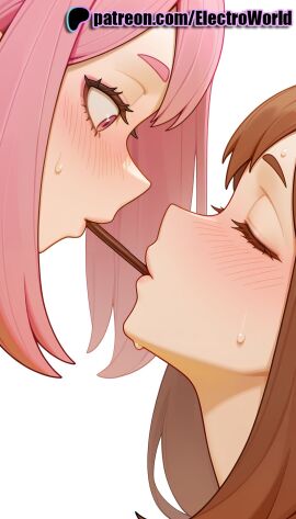 1girls 2025 2girls ai_generated artist_name blush boku_no_hero_academia closed_eyes electroworld female food hi_res high_quality high_resolution highres long_hair multiple_girls my_hero_academia nose_blush ochako_uraraka patreon patreon_username pink_eyes pink_hair pocky pocky_kiss shared_food simple_background stable_diffusion sweat sweatdrop watermark yuri