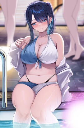 1girls absurd_res big_breasts bikini blue_bikini blue_eyes blue_hair blurry blurry_background blush breasts female hi_res jacket kouhai-chan_(udon) navel original side_ponytail sitting solo_focus swimsuit two-tone_bikini udon_(udonalium) white_bikini white_jacket