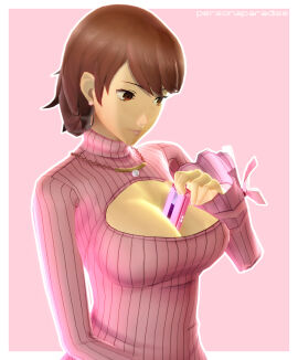 big_breasts breasts brown_hair convenient_breasts female hourglass_figure huge_breasts long_sleeves looking_away necklace object_between_breasts persona persona_3 personaparadise short_hair skirt slim_waist teenager tight_fit tight_skirt wide_hips yukari_takeba