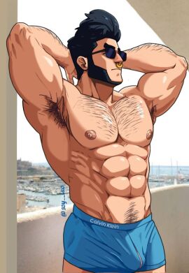 armpit_hair bara brawl_stars bull_(brawl_stars) flexing flexing_arms gay hairy pecs shirtless underwear