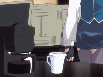 00s 1girls 2006 animated bible_black bible_black_new_testament breasts brown_hair cleavage cleavage_cutout clothing_cutout coffee coffee_mug female gloves green_eyes high_heels imari_kurumi indoors large_breasts long_hair shin_bible_black side_ponytail sitting sitting_on_table skirt smile tagme thighhighs tokken_division zettai_ryouiki