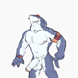 anthro balls big_balls dickinoatmeal epic_games fin fish foreskin fortnite fortnite:_battle_royale genitals hi_res male male_only marine muscular nipples nude penis safety_first_steve shark smile smirk solo uncircumcised