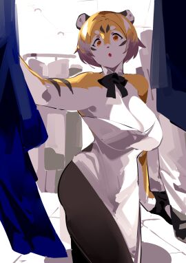 :o anthro big_breasts breasts cleavage dress feline female furry huge_breasts mx99926 pantyhose tagme thick_thighs tiger tiger_girl wide_hips