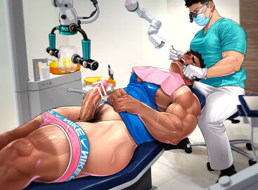 2boys artisticjinsky balls bar_censor bara black_hair bulge censored dentist dentist_chair erection erection_under_clothes gay gay_male highres large_pectorals male male_focus male_underwear male_underwear_pull multiple_boys multiple_males muscular muscular_male nike_(company) nipples open_mouth original pants pectorals penis penis_milking penis_milking_machine short_hair sportswear testicles thick_thighs thighs underwear yaoi