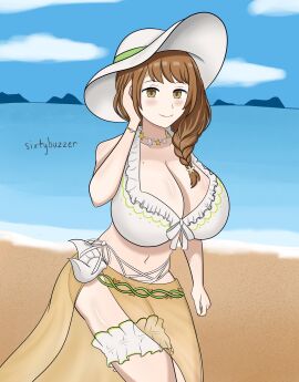 1girls alternate_costume beach beauty_mark breasts cleavage female female_only fire_emblem fire_emblem_engage fire_emblem_heroes goldmary_(fire_emblem) huge_breasts mole mole_on_breast nintendo official_alternate_costume sixtybuzzer solo swimsuit white_bikini white_swimsuit
