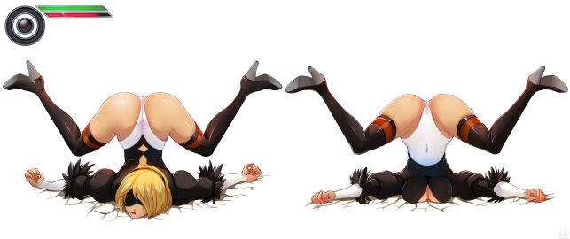 absurdres ass blindfold breasts cameltoe cleavage cosplay covered_navel crossover crossover_cosplay curvy defeat defeated faceplant female female_only gravity_rush highres hip_focus humiliation kat_(gravity_rush) knocked_out leotard navel nier:_automata nier_(series) pussy ryona skin_tight solo spread_legs thick_thighs thighs top-down_bottom-up unknowntico white_background wide_hips yorha_2b_(cosplay)