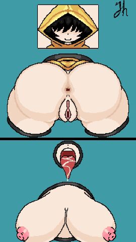 animated anus ass big_ass big_breasts big_butt breasts female female_only glory_hole hair_over_eyes heach_art human little_nightmares outerwear pale_skin pixel_(artwork) pixel_art six_(little_nightmares) stuck_in_wall through_wall tits