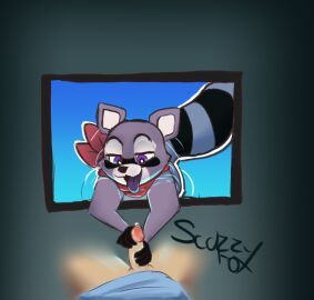 anthro ascot bottomless clothed clothing coming_from_portal duo erection genital_fluids genitals handjob human indigo_park male male/male mammal open_mouth penile penis precum procyonid raccoon rambley_(indigo_park) scuzzyfox sex