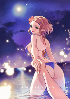 1boy 1girls ass bikini blonde_hair blue_bikini braid cloud cloudy_sky commentary commission crown_braid cute female flower from_behind hair_flower hair_ornament hairclip holding_hands looking_at_viewer male night nintendo pointy_ears pov princess_zelda sky star_(sky) starry_sky sumustard swimsuit the_legend_of_zelda the_legend_of_zelda:_tears_of_the_kingdom wading water zelda_(tears_of_the_kingdom)