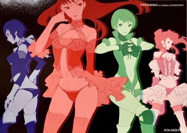 4girls alternate_costume amagi_yukiko ass bra breasts clothing female female_focus fingerless_gloves gloves high-cut_armor human kujikawa_rise long_hair looking_at_viewer midriff multiple_females multiple_girls navel official_art pale_skin panties persona persona_4 persona_4_the_animation satonaka_chie shirogane_naoto short_hair small_breasts smile thighhighs twintails underwear