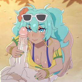 amplected animated beach big_breasts bikini brazilian_miku clothing fellatio hatsune_miku light-skinned_male sound sunglasses tagme teal_hair video