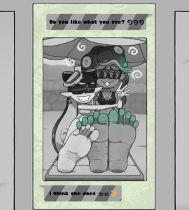 barefoot beach beach_chair bikini callie_(splatoon) feet female foot_fetish foot_focus hypno_shades_(splatoon) hypnosis hypnotic_visor inkling inkling_girl marina_(splatoon) message mind_control monochrome nintendo octoling octoling_girl octopus_girl off_the_hook_(splatoon) pentaguy smile splatoon splatoon_(series) splatoon_2 splatoon_2:_octo_canyon tentacle_hair toes two-tone_hair umbrella