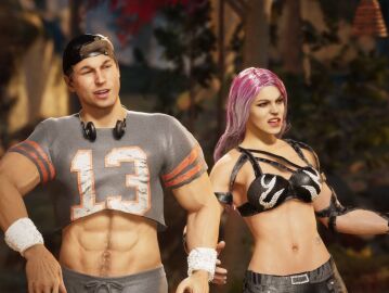 1boy 1girls 3d 3d_(artwork) 3d_model abs brown_eyes brown_hair cosplay crop_top female female/male happy_trail haviksluz jacob_custos_(cosplay) janet_cage johnny_cage johnny_cage_(new_era) male male/female mortal_kombat mortal_kombat_1_(2023) muscles muscular muscular_male netherrealm_studios sasha_banks_(cosplay) straight supermassive_games the_quarry wwe wwe_diva