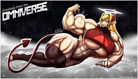 1girls abs biceps big_breasts blonde_hair breasts busty clothing crop_top demon female female_only flexing flexing_bicep gift_art horns huge_breasts large_breasts legwear looking_at_viewer lying lying_on_side mrmelted muscular muscular_female original panties png red_eyes solo sophia_(pectoriah) succubus tail thick_thighs thighhighs thunder_thighs underboob wide_hips