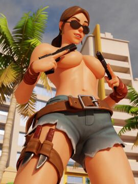 big_breasts breasts clothed clothed_female clothing covered_nipples covering_breasts female fortnite gun guns jabbi_2k knife leg_band mostly_nude mostly_nude_female open_mouth partially_clothed partially_clothed_female public public_nudity safari_(fortnite) shiny shiny_skin shorts solo sunglasses tinted_eyewear tinted_glasses topless topless_female wristband wristbands