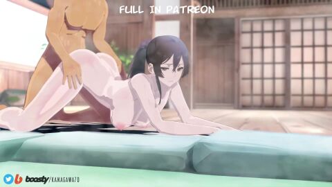 1girl1boy 3d animated blender brown_eyes brown_hair doggy_style hair_between_eyes hair_ribbon hentai jigokuraku kanagawa7d long_hair patreon_username sound tagme video yamada_asaemon_sagiri