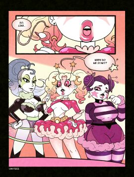 absurdres bimbofication black_hair blonde_hair brain_drain breast_expansion breast_growth breast_growth_(enlargement) breasts cavitees cleavage collar comic dialogue female female_only feminization femsub fishnets gender_transformation happy_trance large_breasts long_hair long_nails magic multicolored_hair multiple_females multiple_girls multiple_subs open_mouth original piercing pink_eyes purple_hair short_hair smile text transformation western