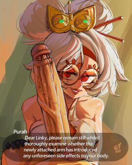 1boy 1girls 2d breasts clothed clothing color dialogue draw_this_in_your_style english_text erection eyeshadow eyewear female glasses hair_ornament hairpin heart-shaped_pupils hi_res holding_penis horny huge_cock large_penis light-skinned_female light-skinned_male light_skin link link_(tears_of_the_kingdom) looking_at_penis lord_moku makeup male nintendo nipple_bulge partial_male penis purah purah_(tears_of_the_kingdom) red_eyes round_glasses straight tears_of_the_kingdom text the_legend_of_zelda tied_hair veiny_penis white_hair