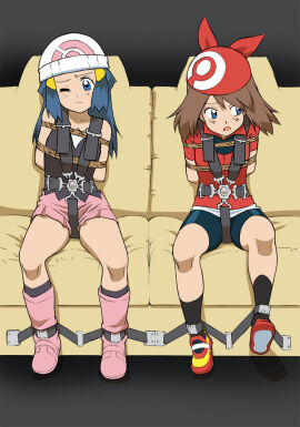 2girls ankle_cuffs bondage box_tie captured clothed daikinbakuju dawn_(pokemon) female game_freak may_(pokemon) nintendo pokemon pokemon_character pokemon_dppt pokemon_rse restrained seatbelt seated sitting straps struggling tied tied_up