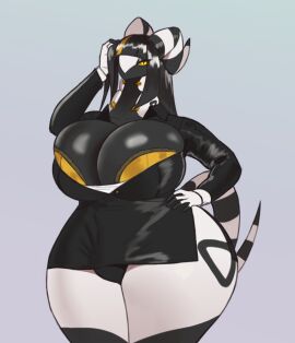 anthro bedroom_eyes big_breasts breasts bulge clothing curvy_figure digital_drawing_(artwork) digital_media_(artwork) front_view futanari generation_5_pokemon hi_res hime_cut horn huge_breasts huge_hips huge_thighs intersex io_(sparkwelkin) looking_at_viewer multi_tail narrowed_eyes nintendo non-mammal_breasts nonbinary odisia pokemon pokemon_(species) scolipede seductive solo suit tail thick_thighs voluptuous wide_hips yellow_eyes