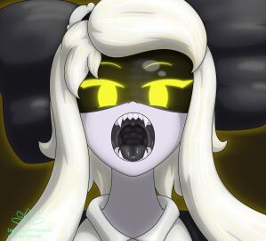 1girls 2d cyn_(murder_drones) fangs female female_only humanoid long_hair looking_at_viewer lotosnic mawshot mouth_shot murder_drones open_mouth robot robot_girl robot_humanoid screen_face white_hair yellow_eyes