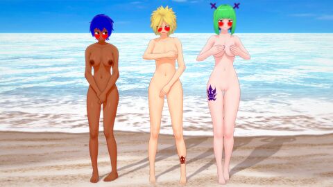 3d 3girls alvarez_empire_mark ankle_tattoo barefoot beach blonde-haired_female blonde_hair blue_(blue_ink22) blue_hair blue_tattoo brandish_mew breasts completely_nude covering_breasts covering_crotch covering_pussy dimaria_yesta fairy_tail female female_only green-haired_female green_hair hand_on_breast hands_on_breasts leg_tattoo multiple_females multiple_girls navel nipples nude nude_female ocean pussy red_tattoo retropunch short_hair tattoo_on_leg tattoo_on_thigh wardrobe_malfunction