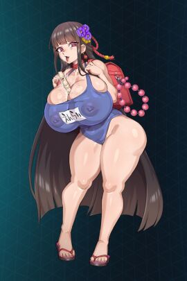 abarano aged_down anal_beads ass_bigger_than_head backpack bag between_breasts big_ass big_breasts black_hair blue_background blue_one-piece_swimsuit blunt_bangs breasts breasts_bigger_than_head breasts_bigger_than_torso bursting_breasts choker cleavage covered_erect_nipples covered_navel curvy earrings female flower flower_on_head flute full_body gigantic_breasts hair_flower hair_ornament highres huge_ass huge_breasts instrument jewelry kunoichi_enrai lantern_earrings last_origin long_hair looking_at_viewer object_between_breasts one-piece_swimsuit open_mouth pink_eyes purple_flower randoseru recorder red_bag red_choker rope saliva saliva_trail sandals school_swimsuit see-through_clothes see-through_one-piece_swimsuit sex_toy shortstack sidelocks skindentation solo standing suggestive_fluid suggestive_gesture swimsuit thick_thighs thighs tight_clothes tongue tongue_out very_long_hair wide_hips