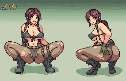 2d_(artwork) ass bikini breasts brown_hair combat_boots discoepiscop female female_only gloves low_ponytail metal_gear_solid pixel_art quiet_(metal_gear) solo_female squatting tagme