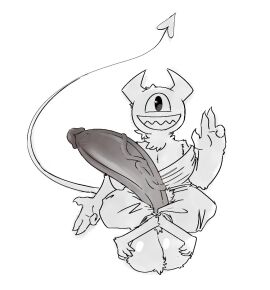 1_eye as_above_so_below_pose balls balls_tuft bfad big_balls big_penis claws clothed clothing demon digitigrade finger_claws fur genitals horn humanoid_genitalia imp krylon_(nylonheretic) looking_at_viewer male mammal neck_tuft nilonhole nylonheretic partially_clothed penis sharp_teeth simple_background smile solo tail teeth topwear tuft white_background