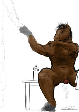 abs anthro balls biceps casual_nudity equid equine fero fur genitals horse humanoid_genitalia humanoid_hands humanoid_penis male mammal masculine_male muscular muscular_anthro muscular_male navel nipples nude pecs penis simple_background solo
