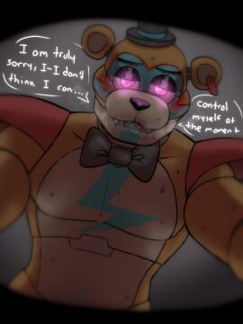 2022 animatronic animatronics anthro bear bowtie dialogue english_dialogue english_text eyes_half_open fangs five_nights_at_freddy's five_nights_at_freddy's:_security_breach fnaf glamrock_freddy_(fnaf) glowing_eyes half-closed_eyes hat looking_at_viewer male male_only malfunction on_top on_top_of_viewer orange_body pink_eyes pov pov_eye_contact robot scottgames solo spaceandroids speech_bubble sweat sweating talking talking_to_viewer