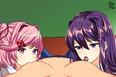 1boy 2girls clothed_female daviddv0601 doki_doki_literature_club female green_background hair_ornament human licking_male_nipple licking_nipples long_hair looking_at_viewer male male_nipple_stimulation mc_(doki_doki_literature_club!) multiple_females multiple_girls natsuki_(doki_doki_literature_club) nipple_stimulation pink_eyes pink_hair pov purple_eyes purple_hair red_ribbon short_hair straight sucking_male_nipple sucking_nipples topless_male tsundere twintails uniform yuri_(doki_doki_literature_club)