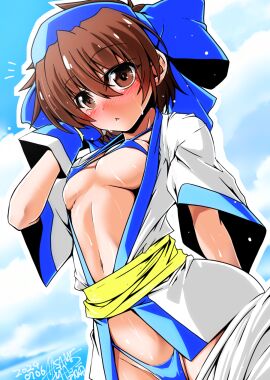 1girls ainu_clothes arm_behind_back arm_behind_head artist_name beach bikini blue_bikini blush breasts brown_eyes brown_hair bursting_breasts cleavage clothes_pull covered_erect_nipples dated female female_only fingerless_gloves gloves hair_ribbon highres legs looking_at_viewer medium_breasts navel ocean open_clothes pants pants_pull parted_lips pose posing ribbon rimururu samurai_shodown sensual short_hair snk solo swimsuit thighs thong_bikini underboob water wet