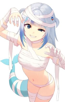 1girls artist_request bare_midriff breasts female gawr_gura halloween halloween_costume hololive hololive_english hololive_myth looking_at_viewer mostly_nude mummy mummy_costume mummy_wrappings navel nzmtarou shark shark_girl shark_tail sharp_teeth small_breasts smiling smiling_at_viewer solo thighs virtual_youtuber vtuber