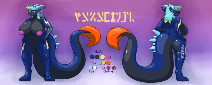 4_toes absurd_res anthro areola avali_scratch_(text) belly big_breasts big_tail black_belly black_breasts black_claws black_tail blue_arms blue_ears blue_eyes blue_hair blue_horn blue_legs blue_tail breasts claws color_swatch draco_alimari dragon european_mythology facial_horn feet female female_anthro finger_claws firolina front_view hair hi_res horn horned_tail huge_breasts huge_tail lightning_bolt lightning_bolt_marking model_sheet mythological_creature mythological_scalie mythology nipples nose_horn nude nude_anthro nude_female orange_tail_tuft pink_background purple_areola purple_background purple_inner_ear purple_insides purple_mouth purple_nipples purple_tongue rear_view scalie simple_background solo tail tail_tuft text text_on_arm text_on_leg toes tongue translated tuft western_dragon white_background yellow_hair_tips