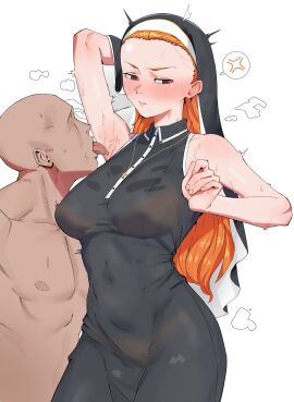 1girl1boy 1girls anger_vein angry armpit armpit_fetish armpit_licking blush faceless_male female ginger ginger_female ginger_hair looking_aside male muscular muscular_male nun nun's_habit nun_hat nun_outfit thetotoling_(artist) translucent translucent_clothing