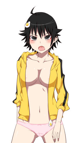 ahoge angry_face araragi_karen areola_slip bare_belly bare_legs bare_thighs belly_button big_breasts black_eyes black_hair blush breasts collarbone female hair_ornament kakoikaren monogatari_(series) no_bra no_pants open_mouth open_shirt panties pink_panties shiny_skin shirt short_hair thighs underwear