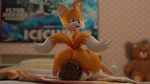 2023 2_tails 3d absurd_res ambiguous_gender ambiguous_human anthro anthro_on_top bed bedroom blue_eyes brown_hair butt_in_face canid canine clothing digital_media_(artwork) dipstick_tail eyewear facesitting footwear fox fur furniture glasses hair half-closed_eyes hi_res human human_on_anthro interspecies looking_back lying male male/ambiguous male_anthro male_on_top mammal markings multi_tail multicolored_body multicolored_fur narrowed_eyes on_back on_top open_mouth pillow pinned_to_bed plushie poster pyro_enthusiast sega shirt shoes sitting_on_another sonic_(series) sonic_the_hedgehog_(series) tail tail_markings tails tails_the_fox teddy_bear thick_thighs topwear two-tone_body two-tone_fur white_body white_fur yellow_body yellow_fur