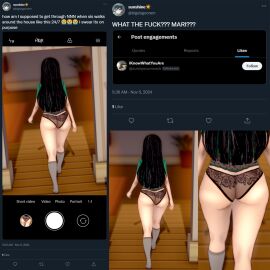 1boy 1girls 3d ass ass_focus behind behind_view brother camera_pov camera_view fake_screenshot female implied_incest incest incest_(lore) indoors koikatsu lingerie lingerie_panties male mari_(omori) no_nut_november no_pants older_sister omori siblings social_media socks sunny_(omori) tagme twitter unaware underwear younger_brother