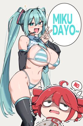 2girls absurdres ahoge alternate_breast_size aqua_eyes aqua_hair aqua_nails aqua_necktie arm_behind_back between_breasts bikini black_eyes black_sleeves black_thighhighs blue_nails brat bratty breasts collared_bikini cute_fang detached_sleeves drill_hair english_text female grey_background gungye hair_ribbon hatsune_miku hatsune_miku_(collared_bikini) headphones headset highleg highleg_bikini highres huge_breasts kasane_teto kasane_teto_(sv) long_hair meme mole mole_on_breast mole_on_neck multiple_females multiple_girls nail_polish necktie necktie_between_breasts open_mouth painted_nails peace_sign ribbon romaji_text simple_background skindentation sparkle speech_bubble striped_bikini striped_clothes swimsuit synthesizer_v thighhighs trembling twin_drills twintails utau v v_sign very_long_hair vocaloid white_ribbon