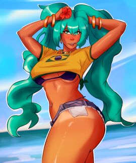 arms_up bare_midriff beach bikini bikini_tan blue_eyes bracelet brazil brazilian brazilian_female brazilian_miku breasts busty crop_top daisy_dukes denim_shorts female female_focus female_only flower_in_hair hatsune_miku himerostechne hourglass_figure jean_shorts long_hair navel navel_piercing necklace outdoors outside piercing pinup pinup_pose short_shorts t-shirt tagme tan tan_body tan_skin tanline thong_bikini tongue tongue_out tongue_piercing twintails vocaloid wide_hips