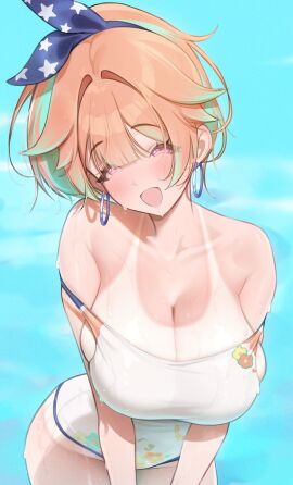 :d absurdres adapted_costume bare_shoulders blue_background blue_hairband bow_hairband breasts casual_one-piece_swimsuit cleavage colored_inner_hair commentary double_strap_slip earrings english_commentary female floral_print green_hair hairband high_ponytail highleg highleg_leotard highres hololive hololive_english hoop_earrings jewelry large_breasts leotard looking_at_viewer medium_hair multicolored_hair official_alternate_costume one-piece_swimsuit open_mouth orange_hair ponytail prab purple_eyes simple_background smile solo swimsuit takanashi_kiara takanashi_kiara_(fever_night) tan tanline virtual_youtuber white_one-piece_swimsuit wide_ponytail