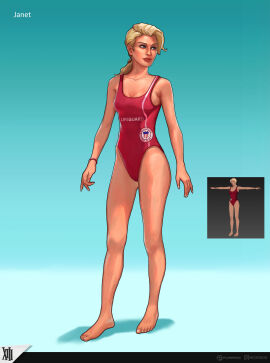 blonde_hair blue_eyes bracelet character_sheet janet lifeguard long_legs official_art one_piece_swimsuit ponytail red_swimsuit sfw slim_waist solo solo_female swimsuit t-pose tagme video_games xiii