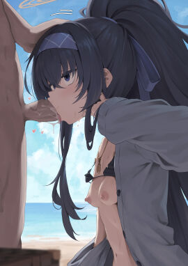 1boy absurdres beach bikini black_bikini black_hair blue_archive blue_eyes blue_sky blush bow breasts breasts_out cardigan clothed_female_nude_male cloud cum cum_in_mouth day fellatio female grey_cardigan hair_between_eyes hairband halo hand_on_another's_head highres jacket jewelry karadborg long_hair long_sleeves male navel necklace nipples nude ocean official_alternate_costume open_clothes open_jacket oral outdoors penis ponytail purple_hairband sky small_breasts solo_focus straight string_bikini sweat swimsuit tongue tongue_out ui_(blue_archive) ui_(swimsuit)_(blue_archive) uncensored